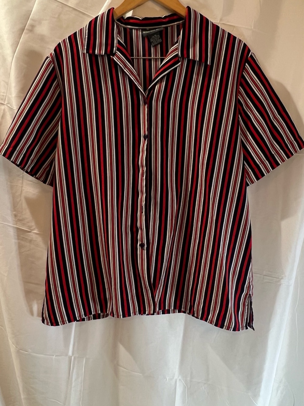 Notations Striped Short-Sleeve Button Blouse — Black, Red, White